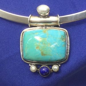 Turquoise Sterling Silver Pendant/blue Lapis/Pearl
